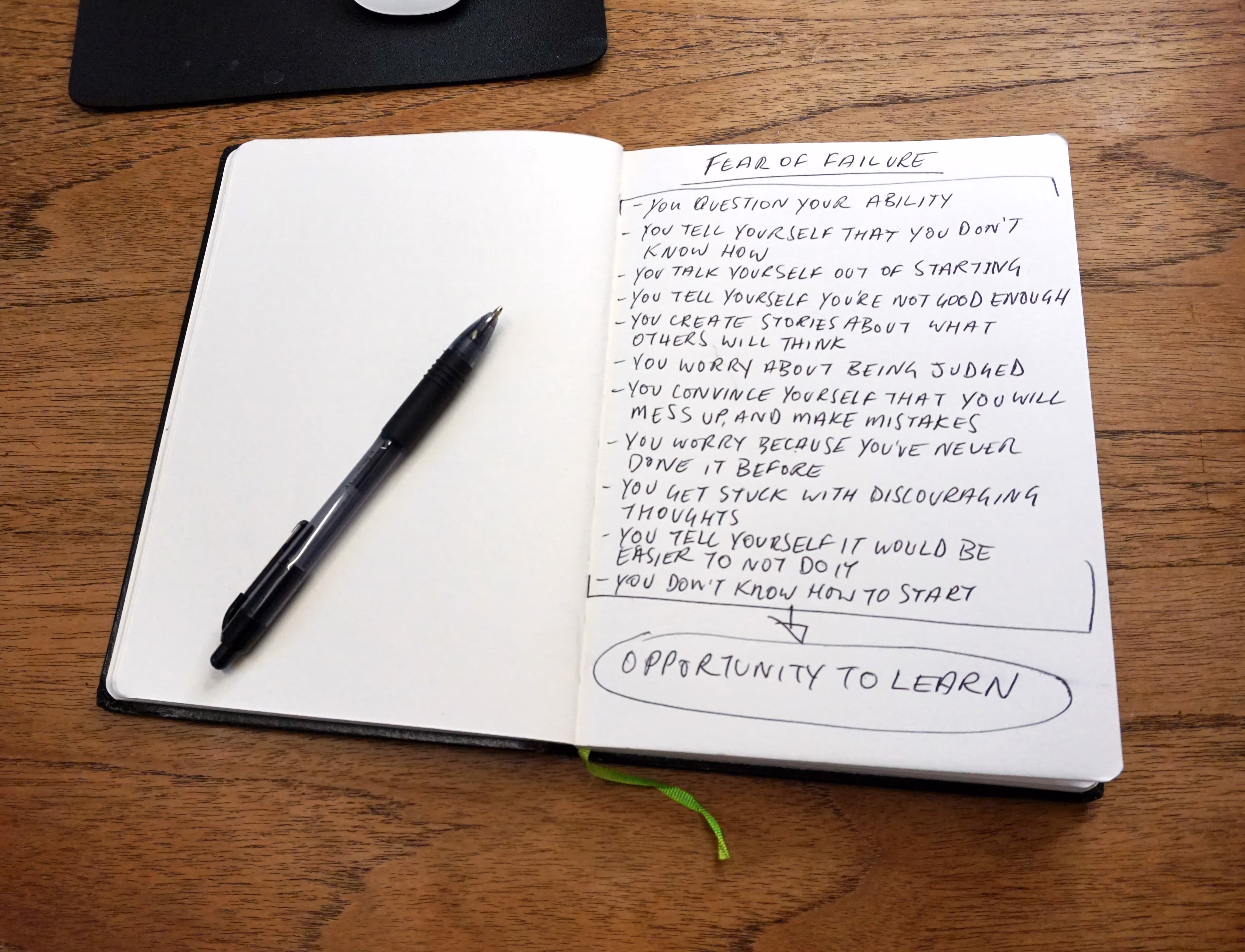 Notebook showing opportunities to learn from 'Fear of Failure'